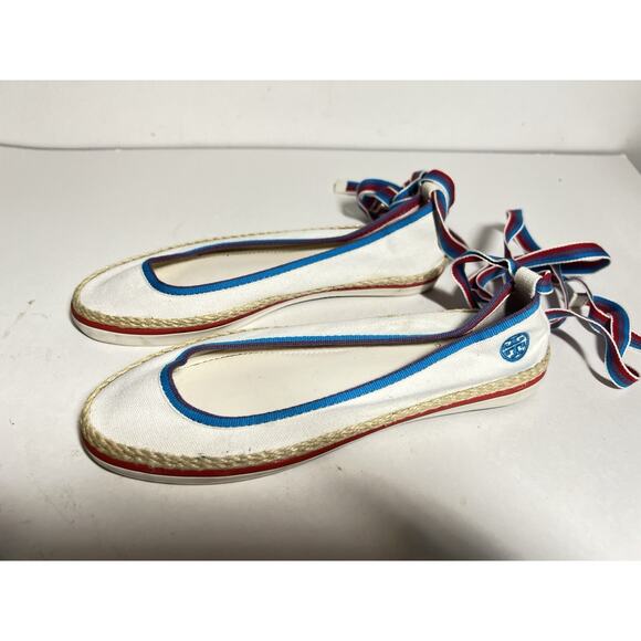 Tory Burch EUC White Canvas 3-D Ballet Espadrille Sneaker Ankle Wrap Toe Shoe 7 - Picture 5 of 7